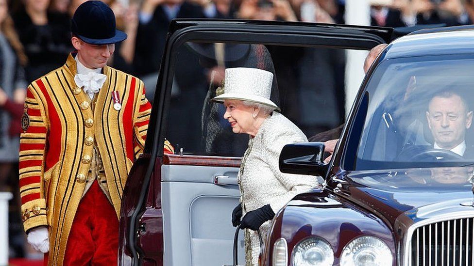 Queen Elizabeth II arrives at the Ceremonial Welcome for Mexican President Enrique Pena Nieto at Horse Guards Parade during day 1 of his state visit on March 3, 2015 in London, England