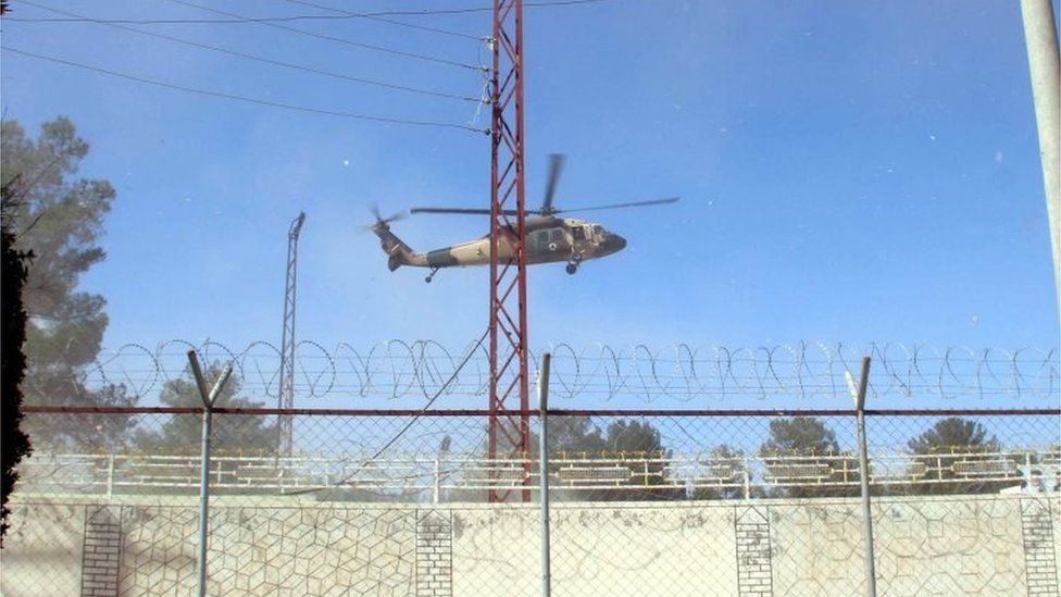 An Afghan Army helicopter takes off from a military base after Taliban launched first large-scale attack on the capital of southwestern Helmand province in Afghanistan since the signing of a peace deal with the United States in late February, in Lashkargah, Helmand, Afghanistan, 14 October 2020.