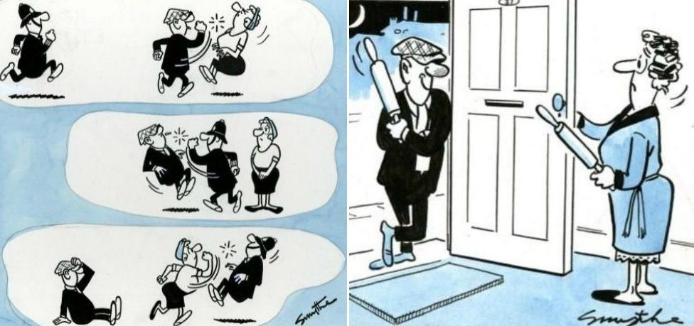 Two cartoons showing Andy attack or threaten Flo