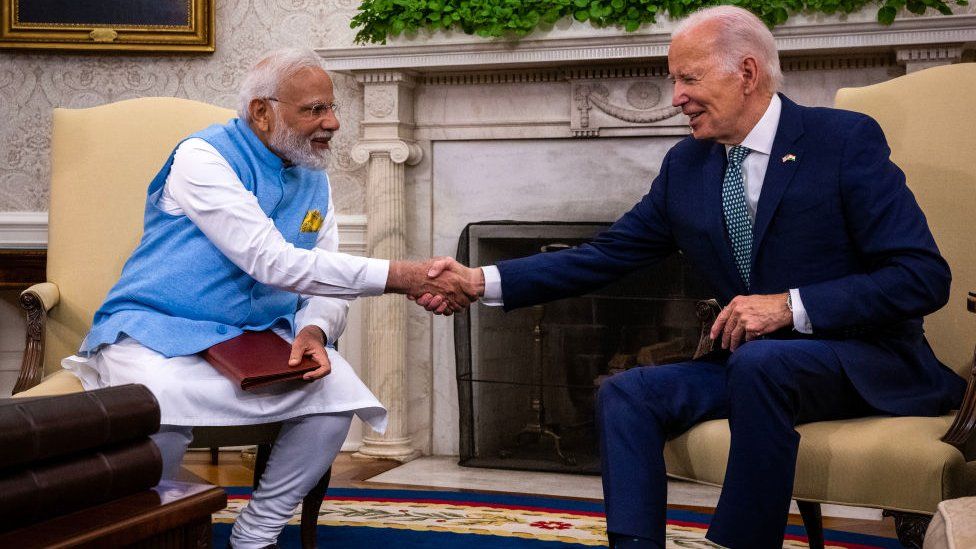 US President Biden shakes hands with Prime Minister Narendra Modi of India in the Oval Office during an Official State Visit in Washington, DC.