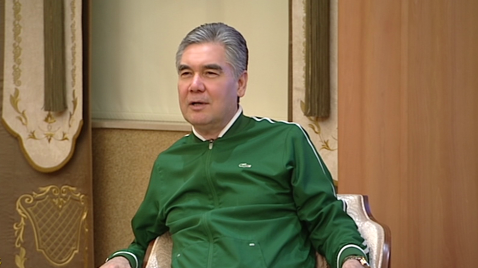 Turkmen President Gurbanguly Berdimuhamedov, in Lacoste tracksuit, lecturing officials