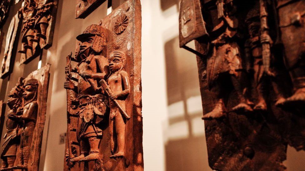 Detail of the contentious Benin plaques exhibit (more commonly known as the Benin bronzes) at the British Museum in London, 2013.