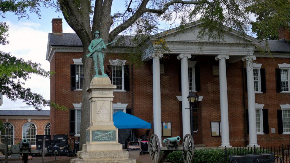 The confederate soldier statue pictured at the Albemarle County courthouse before its removal