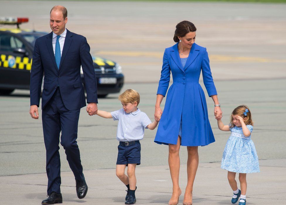 The Duke and Duchess of Cambridge with Prince George and Princess Charlotte leave Warsaw, Poland, as they head to Germany on 19 July 2017