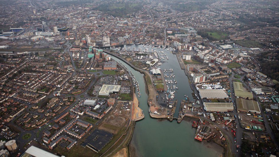 Aerial view of Ipswich flood barrier