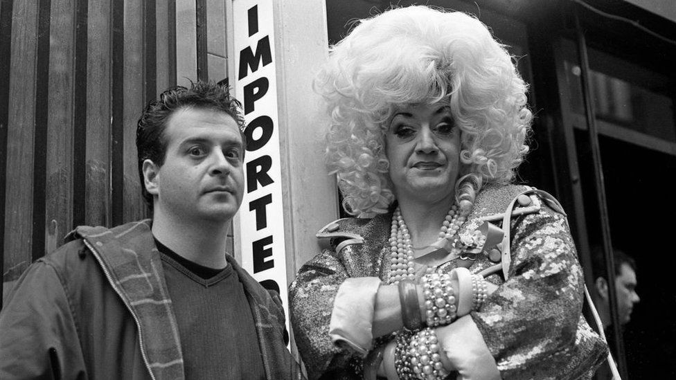 Comedians Mark Thomas and Paul O'Grady (in character as Lily Savage), Soho, London, 1993