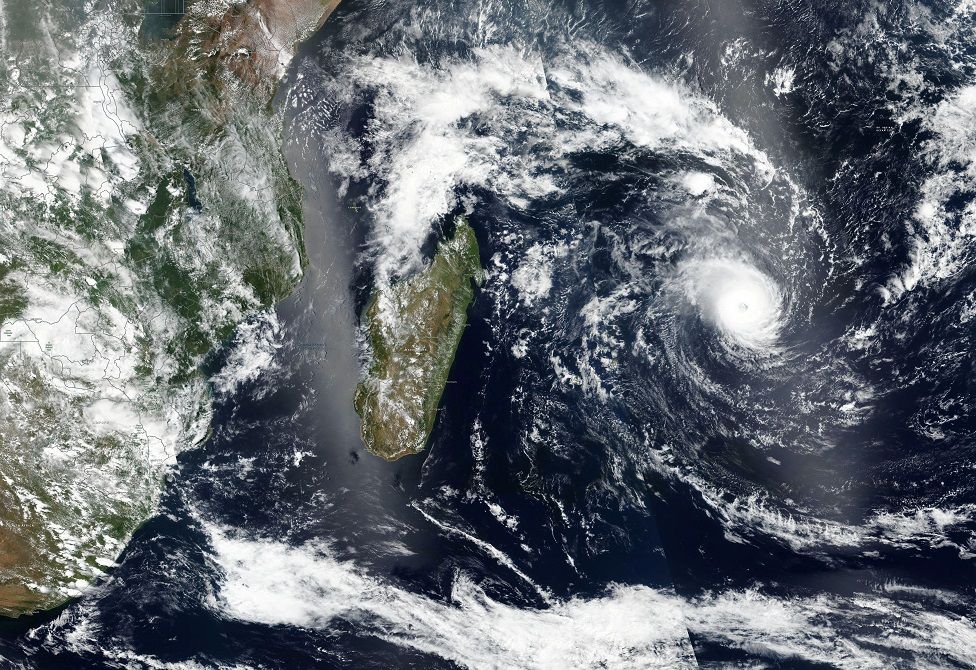 Satellite imagery shows Tropical Cyclone Freddy approaching Madagascar.