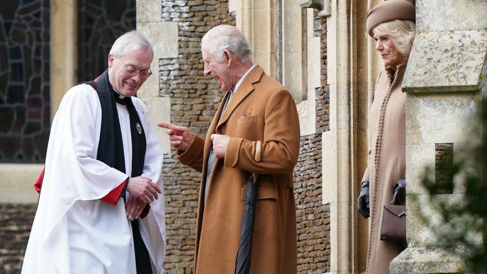King Charles III and Queen Camilla leaving church