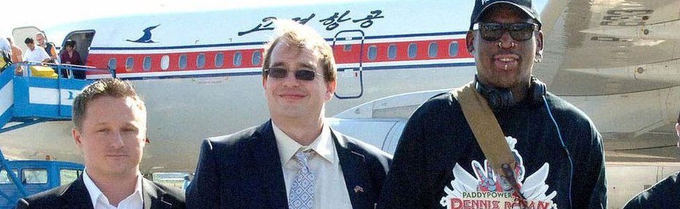 Michael Spavor (L) in North Korea with former NBA star Dennis Rodman (right) (3 Sept 2013)