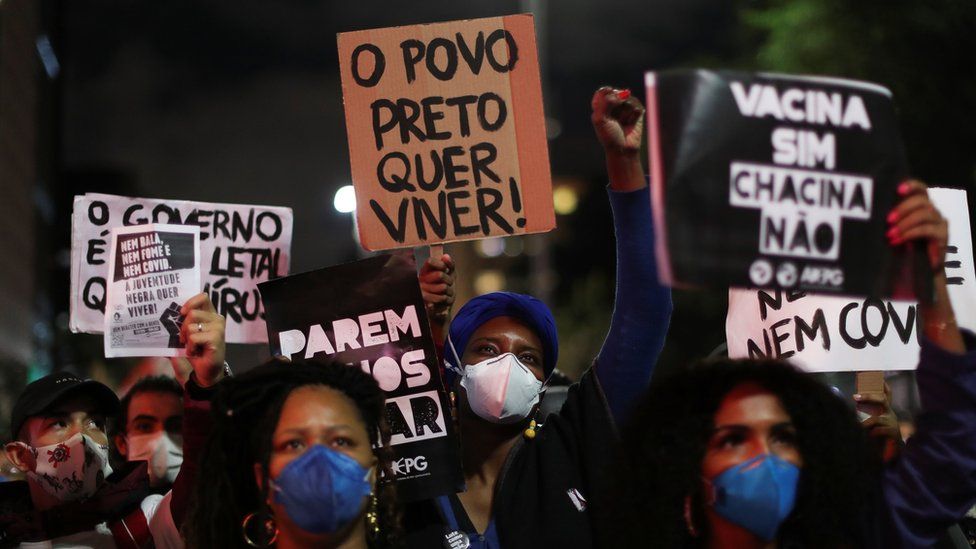 Black movement activists protest against racism and police violence in Sao Paulo