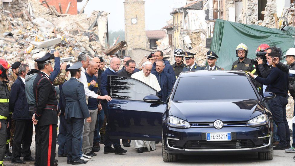 Pope Francis arrives in the "red zone" of Amatrice, Italy, to meet survivors and families following the earthquake that devastated the town six weeks ago, 4 October 2016