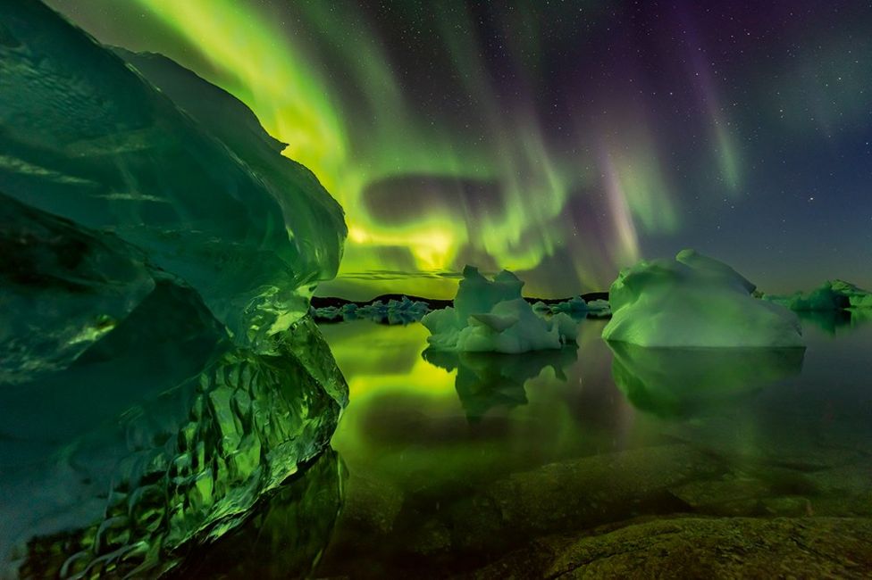 The northern lights seen above icebergs