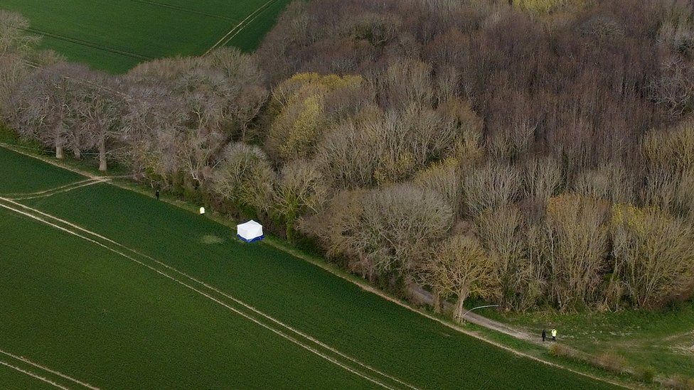 Police erected a white tent on the edge of a field at Akholt Wood