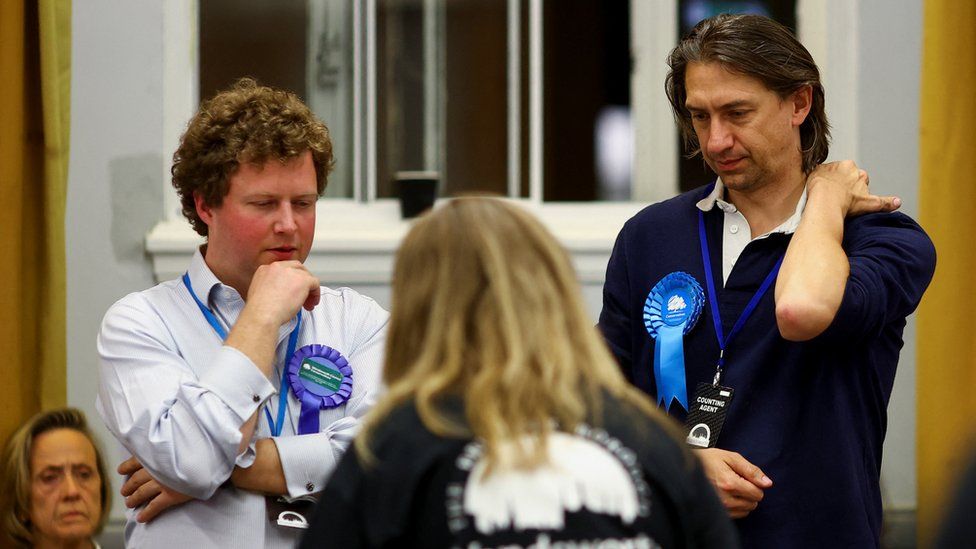 Conservative Party supporters react to the counting process during local elections