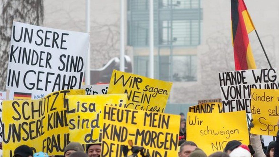 Demonstrators outside the German chancellery in Berlin (23 January 2016)