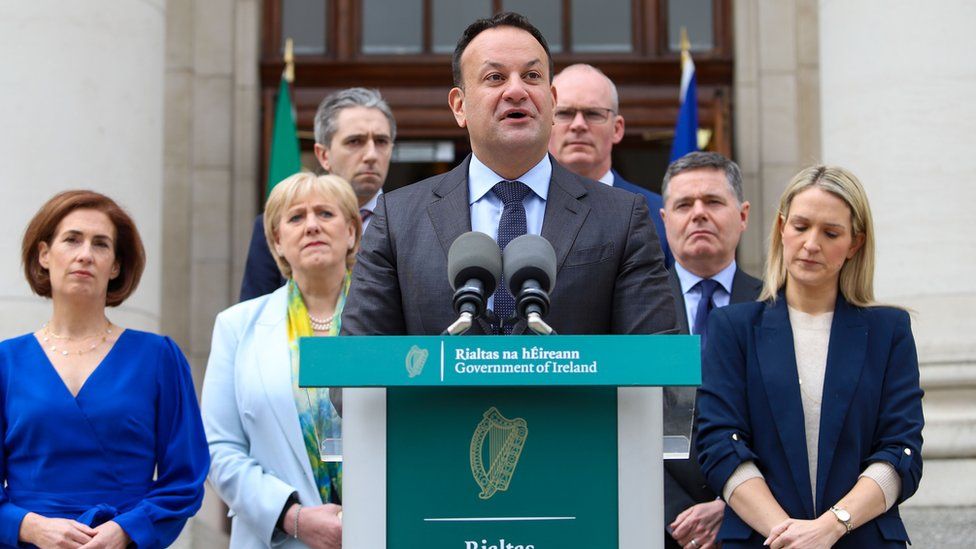 Leo Varadkar resigning with Fine Gael ministers behind him