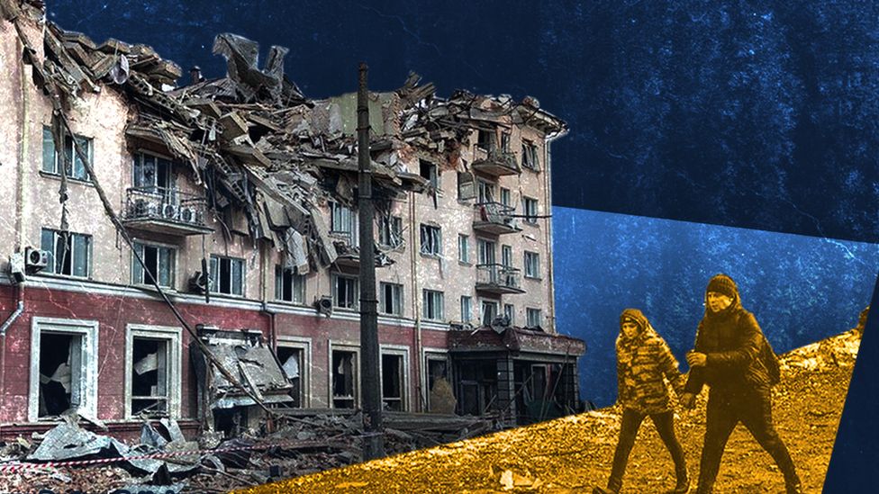 A collage including a destroyed building and a photo of two people walking. The colour scheme is blue and yellow to match Ukrainian flag colours