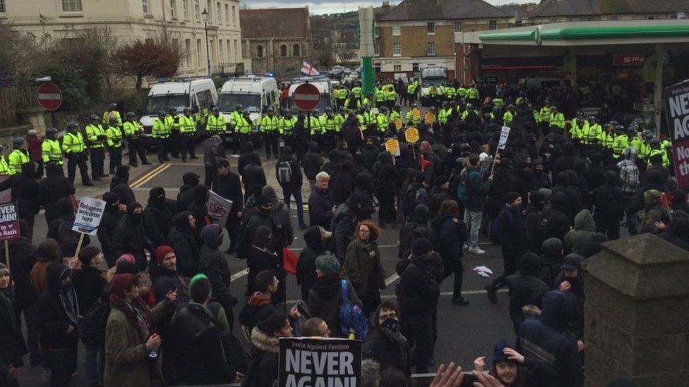 Police and demonstrators in Dover