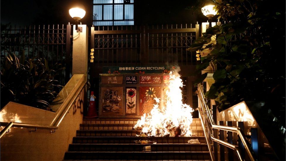 Fires set by activists outside a Hong Kong police station
