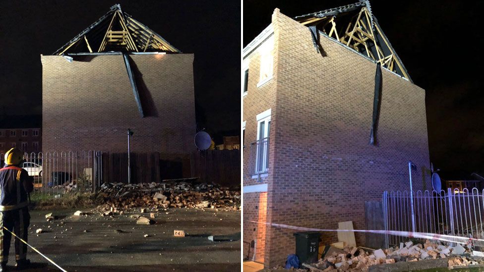 a three storey house in Stoke Heath, Coventry, whose roof was blown off overnight