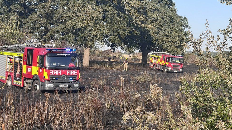 Firefighters tackling a field fire in Watford