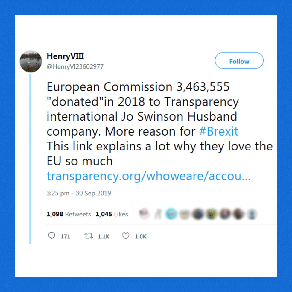 Tweet "European commission 3.4 million donated in 2018 to Transparency International Jo Swinson husband company. More reason for Brexit. This link explains a lot why they love the EU so much