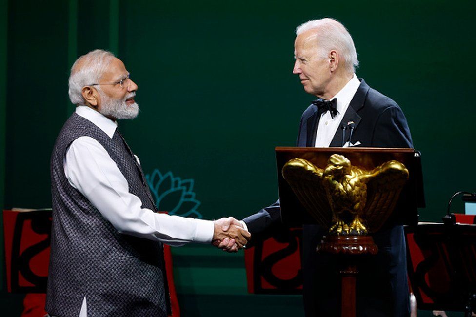 U.S. President Joe Biden (R) and Indian Prime Minister Narendra Modi (L) shake hands during a state dinner at the White House on June 22, 2023 in Washington, DC. President Joe Biden and first lady Jill Biden are hosting a state dinner for Indian Prime Minister Modi as part of his first official state visit to the United States.