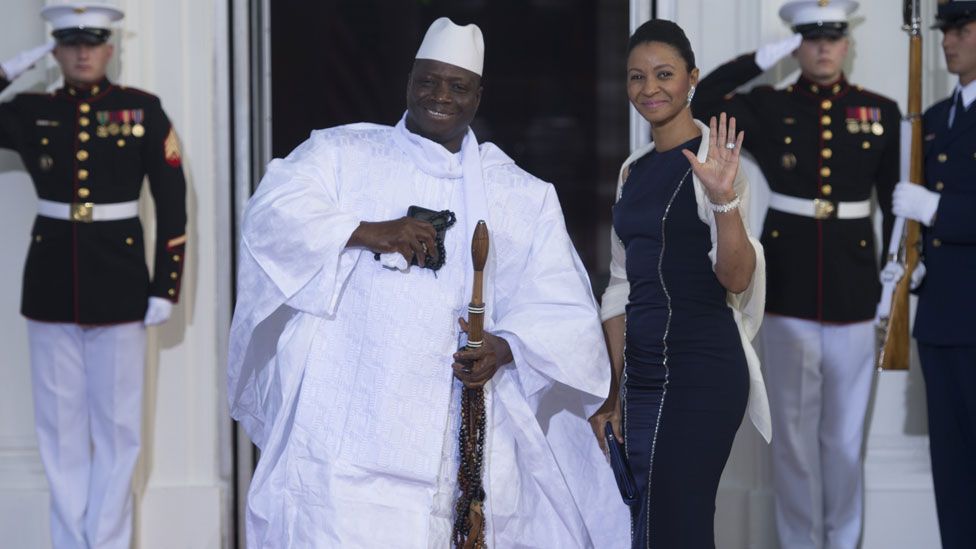 Yahya Jammeh and his wife waves at the White House in 2014.