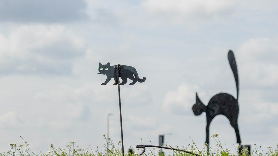 Two sculptures of a black kittens in the middle of a roundabout