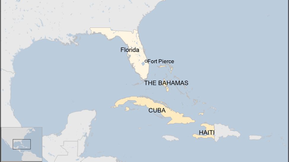 Map showing Fort Pierce, The Bahamas, Haiti and Cuba