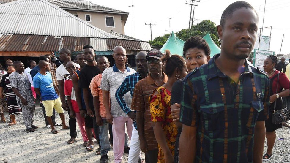 Voters form a queue at a polling station in Port Harcourt, Rivers State, on March 9, 2019