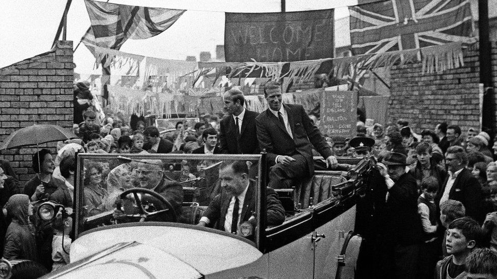 Bobby and Jack Charlton leave their mother's house in Ashington, to go to a civic reception after the World Cup win on 18 August 1966