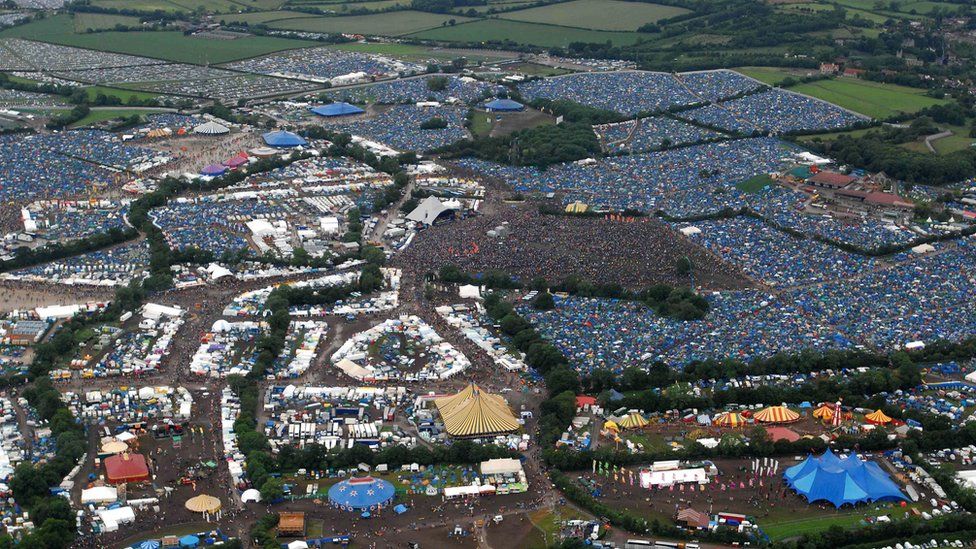 An aerial shot of Glastonbury Festival