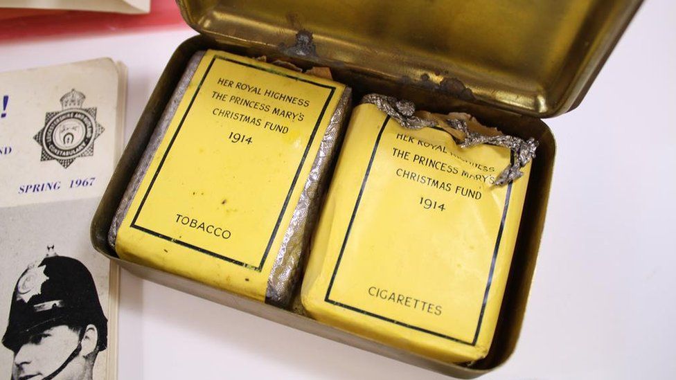Princess Mary tobacco gift box containing cigarettes, tobacco and matches