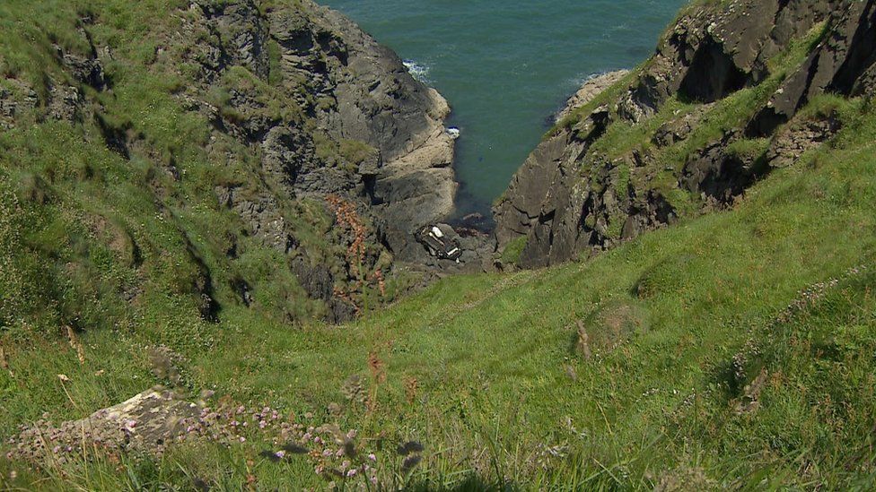 The car at the base of the cliff
