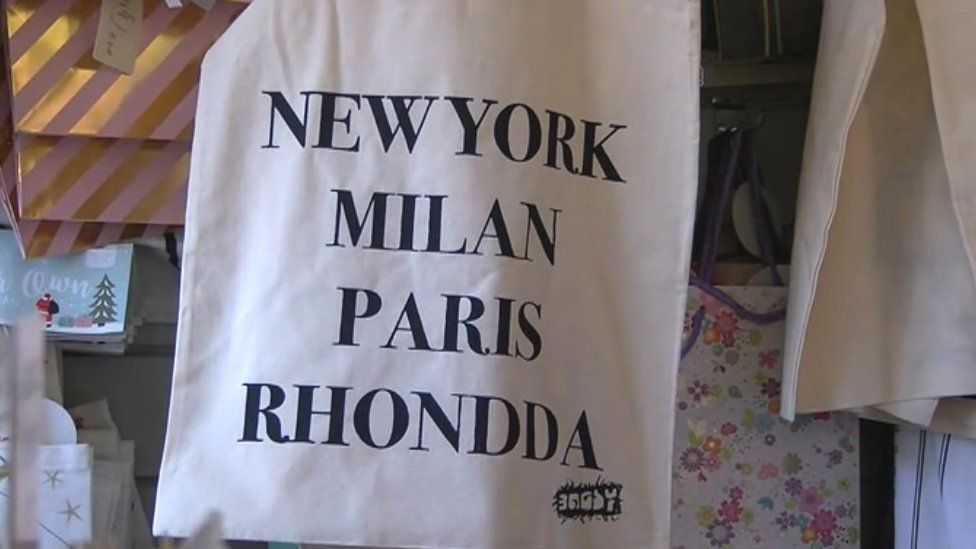 Bag in a Treorchy shop declaring: New York, Milan, Paris, Rhondda