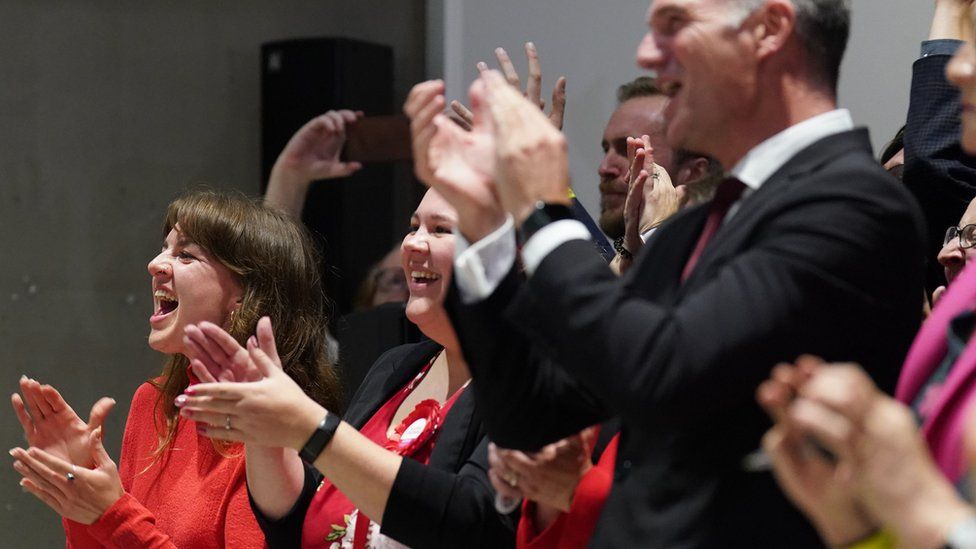 Campaigners clapping and celebrating after Labour win in Mid Bedfordshire