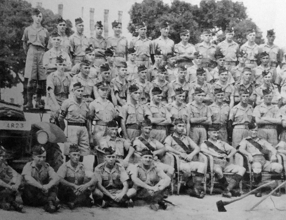 The Second Battalion The Royal Scots, Hong Kong. Dennis Morley is third row down, third from the left.
