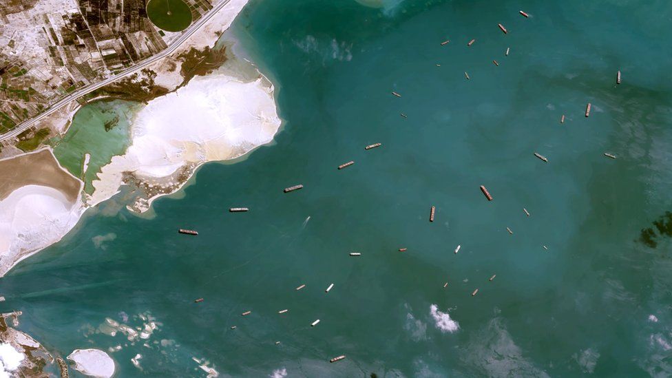 Satellite image showing ships waiting to pass through the Suez canal