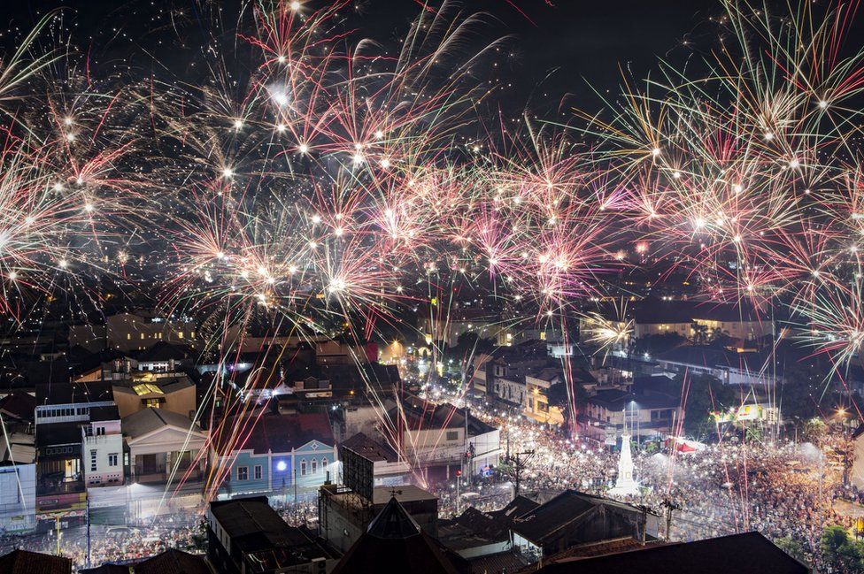 Fireworks illuminate the city's skyline during New Year's Eve celebrations of 2018 on on January 1, 2018 in Yogyakarta, Indonesia.