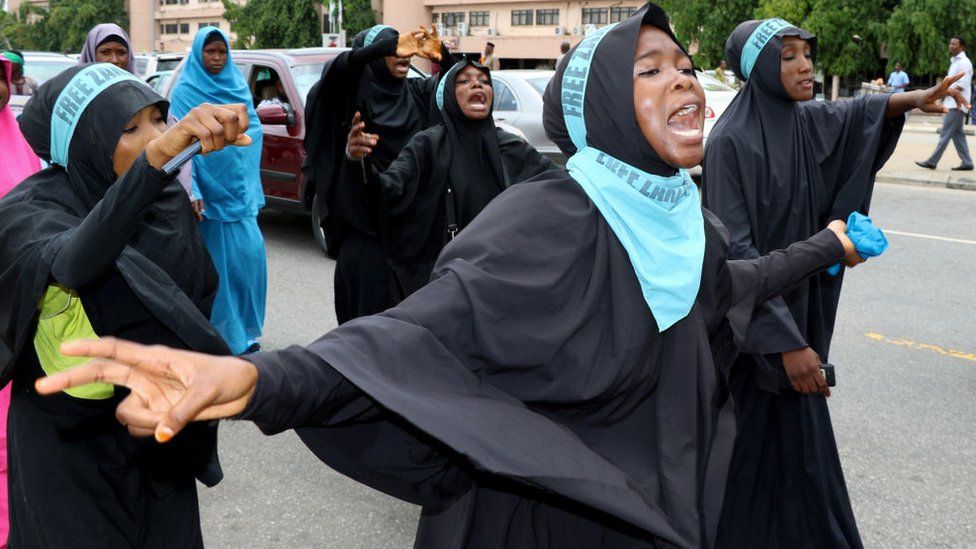 Supporters chant slogans to march and press for the release of Nigerian Shiite Muslim cleric Ibrahim Zakzaky on May 14, 2018 in Abuja.