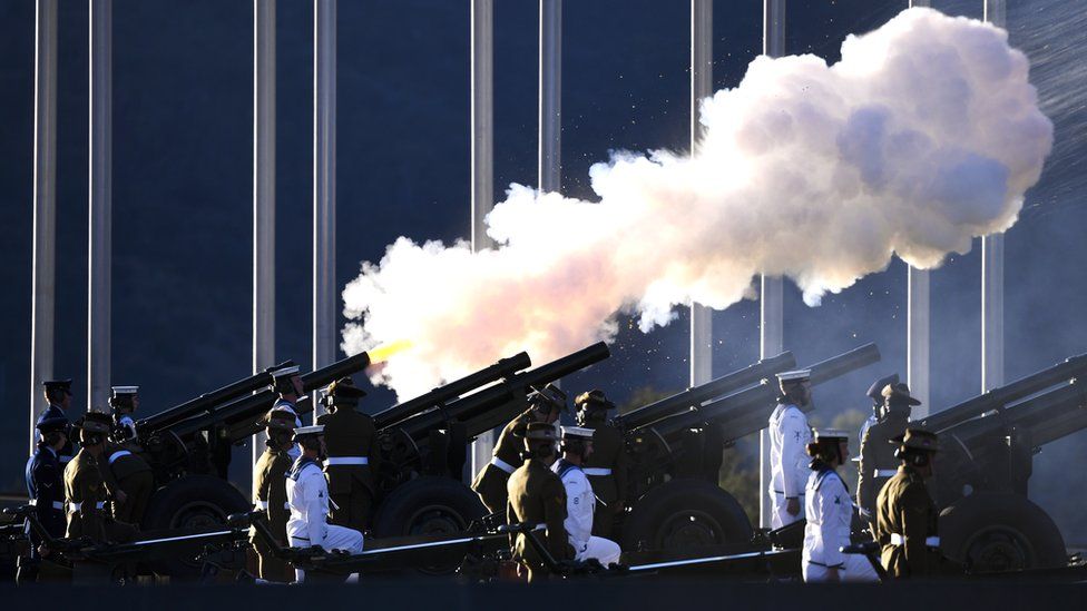 A 41-gun salute is fired to commemorate the death of Prince Philip, the Duke of Edinburgh, at Parliament House in Canberra, Australia