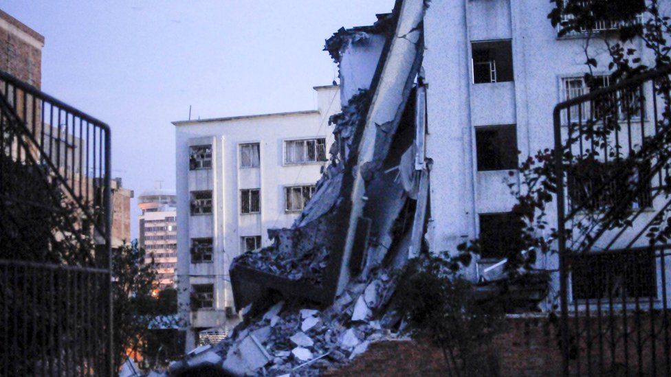 A damaged building is seen after explosions hit Liucheng county, Guangxi Zhuang Autonomous Region, China, September 30, 2015.