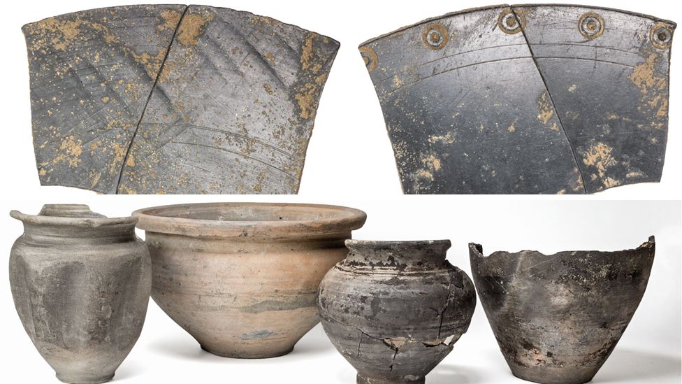 Remains of Roman mirror; four forman pots