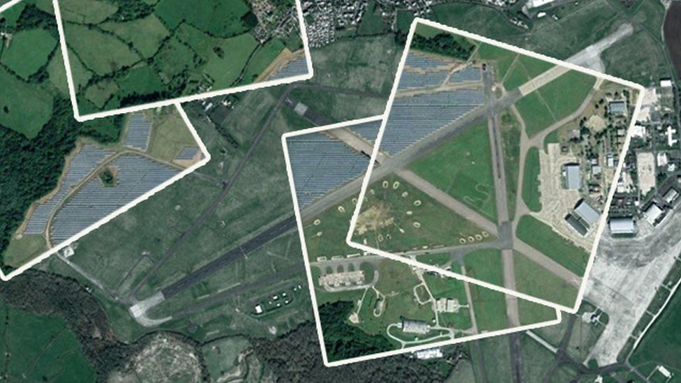 Promo image showing the RAF Lyneham solar farm before and after