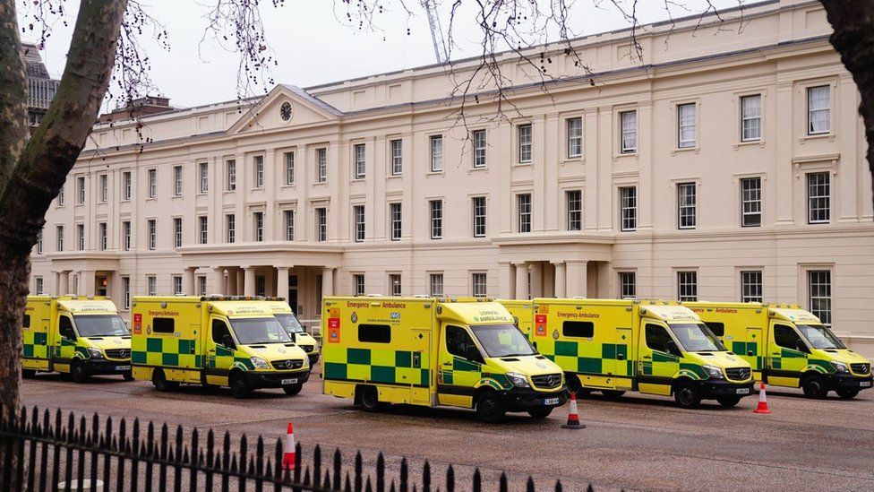 Ambulances in the grounds of Wellington Barracks, central London, as ambulance workers of Unison and GMB unions take strike action over pay and conditions on 11 January 2023