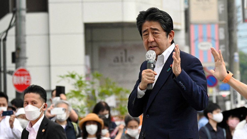 Former Japanese Prime Minister Shinzo Abe makes a speech before he was shot from behind by a man in Nara, western Japan July 8, 2022