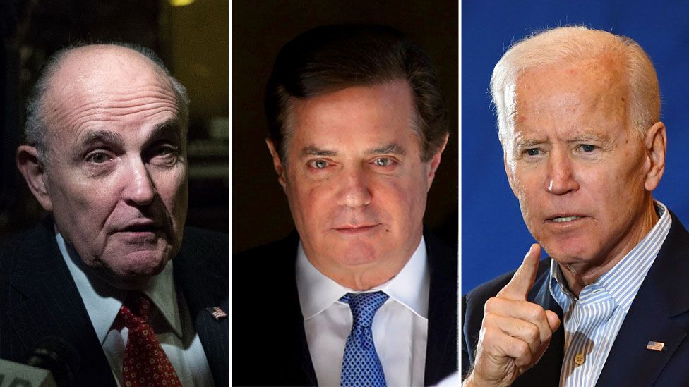 A three-part composite shows Rudy Giuliani, Paul Manafort, and Joe Biden