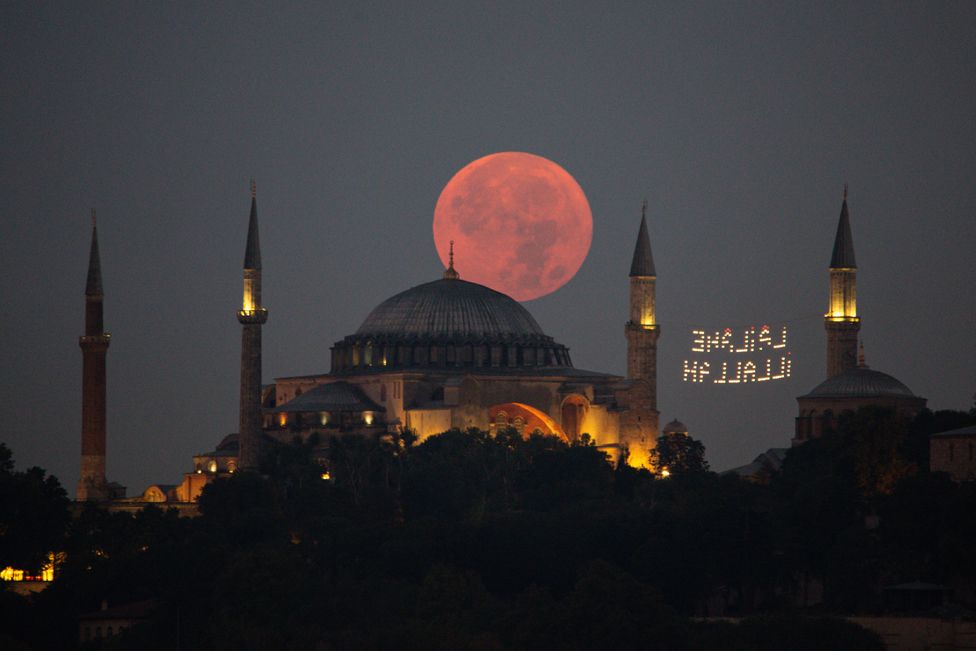 The supermoon behind the Hagia Sophia Mosque in Istanbul, Turkey