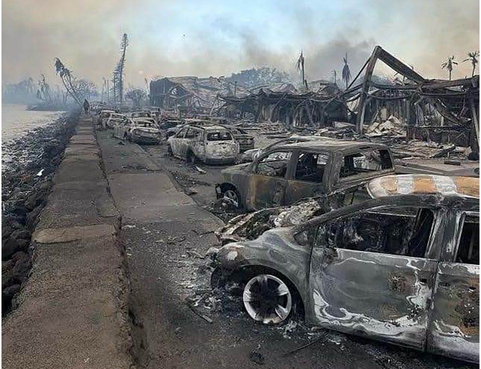 Burnt-out cars in Lahaina after wildfire